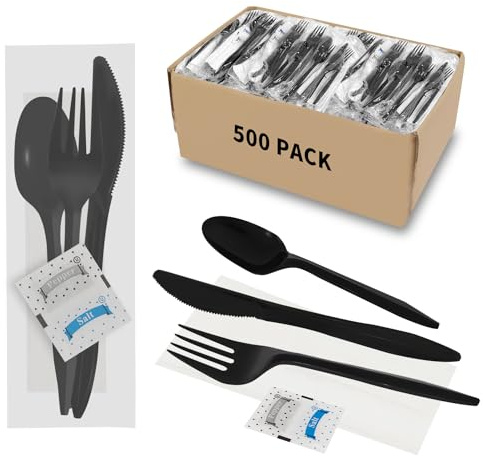 500 Pack Knife Fork Spoon Napkin Salt Pepper Sets, Individually Wrapped Black Plastic Cutlery Packets for Delivery, Cafeterias, Restaurants