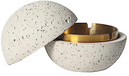 Cutfouwe Mülleimer Mit Deckel-Beton + Edelstahl-Φ12.5Cm X H10.8Cm -Wasserdicht/Winddicht,Weiß