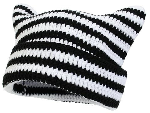 YAMEIZE Cat Ear Striped Knitted Mütze - für Damen Herren Trendy Warm Y2K Weich mit Cat Ear Striped Beanie Soft Strickmützen Winter Cap Girls Outdoor
