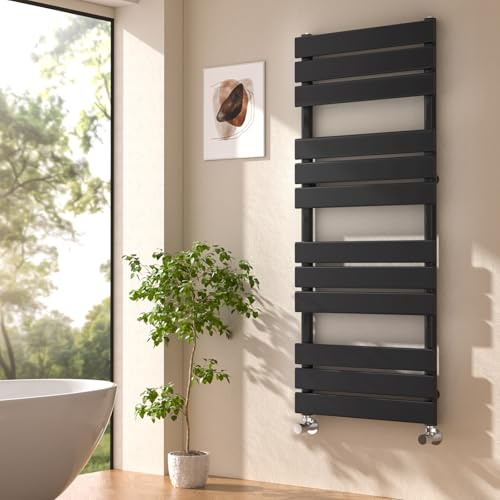 EMKE Black Heated Towel Rail for Bathroom, Modern Flat Panel Towel Rail Radiator Versatile Wall/Floor Mounted Bathroom Radiators 1200 x 500 mm