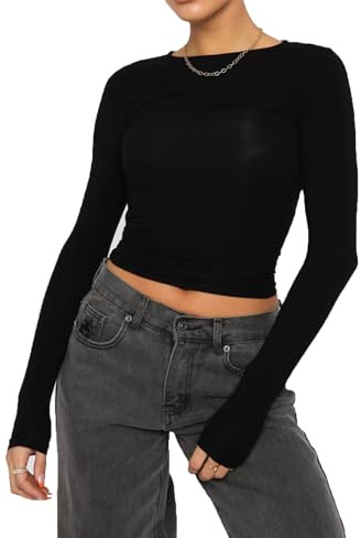 Women's Basic T-Shirt Long Sleeve Crop Top Slim Fit Tops Casual Crew Neck Tee Shirt Long Sleeve (UK, Alpha, M, Regular, Regular, Black)