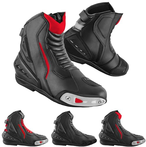 Vaster Moto Chaussures de moto en cuir pour homme, bottes de protection antidérapantes avec support de cheville, approuvé CE, Demi-rouge, 39 EU
