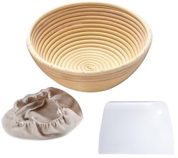 Niaciswe Gärkörbchen Gärkorb zum Brotbacken Gärkörbchen Rund Profi Gärkorb Brotkorb mit Leineneinsatz +Teigschaber Brotkorb Brot Backen Zubehör für Hausbäcker Brot Backen mit Leineneinsatz Teigschaber