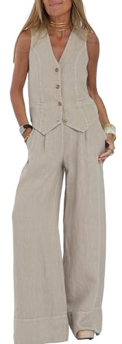 Vest and Pants Set for Women, Cotton Linen Button Down Sleeveless Blazer Vest Wide Leg Pant Sets Business Suits (Beige, XL)