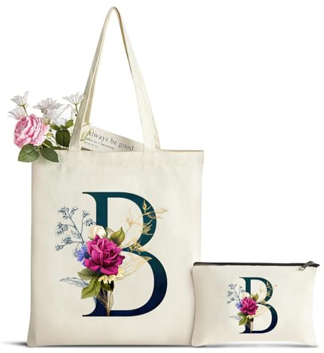 Personalisiert Initialen Canvas Tragetasche mit Kosmetiktasche, Baumwolltasche Einkaufsbeutel Damen Tote Bag, Geburtstag Weihnachten Geschenk für Schwester Braut Brautjungfer, Muttertagsgeschenk(B)