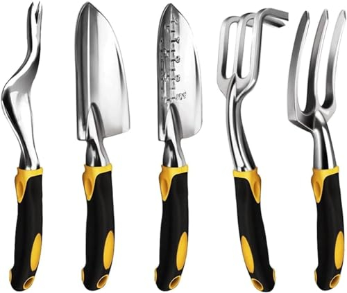 Lot de 5 outils de jardinage robustes en alliage d'aluminium – Ensemble de truelles de jardin, fourchette et outils à main avec poignée souple – Cadeau de jardin parfait pour homme et femme