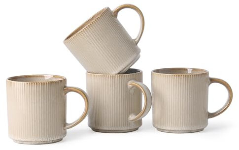 MONITO 16Oz Coffee Mugs Set of 4, Rustic Ceramic Coffee Cups Set with Large Handle, Vintage Striped Stoneware Coffee Mugs for Latte, Cocoa, Tea, Milk, Microwave & Dishwasher Safe, Bonbon Beige
