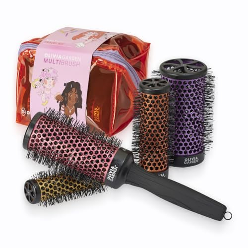 Olivia Garden Multibrush Travel Kit - Brosse Ronde 4-en-1 avec Barillets Interchangeables - Tailles 25, 35, 45, 55 - Parfait pour Brushings & Styling en Déplacement