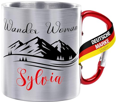 Crealuxe Edelstahltasse mit Karabiner - Wander Woman mit Wunschname - 330ml, Tasse personalisiert, Kaffeetasse, Bürotasse, Metalltasse mit Name, Wanderzubehör