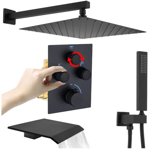 Shower System with Tub Spout, Push-Button Shower Valve Trim Kit Matte Black