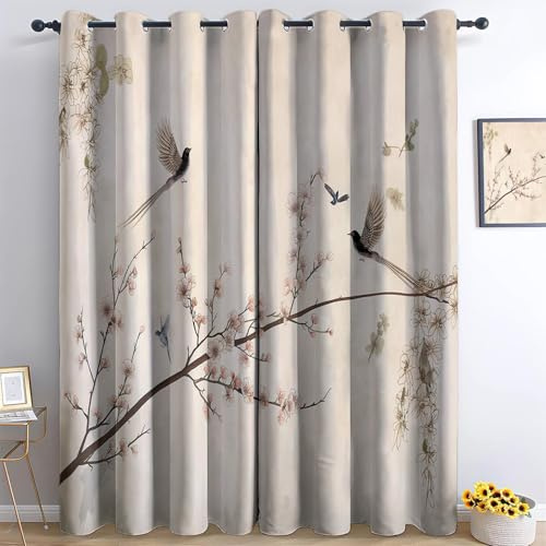 Blickdichte Gardine für Wohnzimmer H 200 x B 70 cm (2er Pack) Orientalische Blumen Vögel Vorhänge Schlafzimmer Ösen Thermo Vorhang Kälteschutz Dekoschal Deko Gardinen Verdunkelung Creme