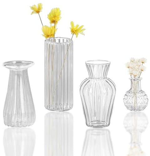 MIUPOO Vaso molto piccolo, mini piccoli vasi di vetro, mini vasi di vetro, per decorazione da tavolo, decorazione da tavolo, per soggiorno, tavolino da caffè, bagno, 5 cm, 4 vasi a righe