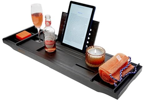 Luxury Extendable Bamboo Bath Tray with Free African Exfoliating Towel – Bathtub Caddy Organizer with Wine Glass Holder, Phone & Tablet Slot, Book Rest – Spa Relaxation Gift for Women & Men