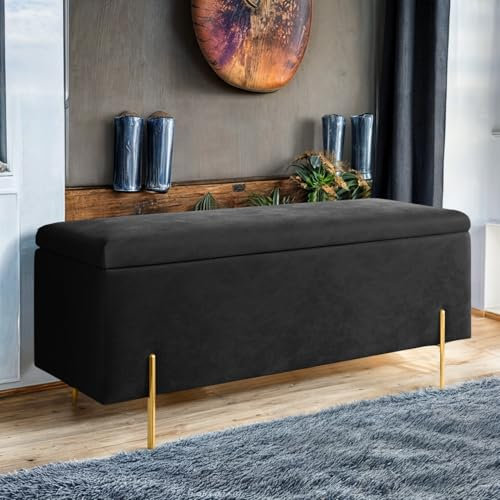Harveys Living Ottoman Storage Box - Engineered Wood Luxurious Plain Plush Velvet Ottoman Storage Bench (Black, Plain)