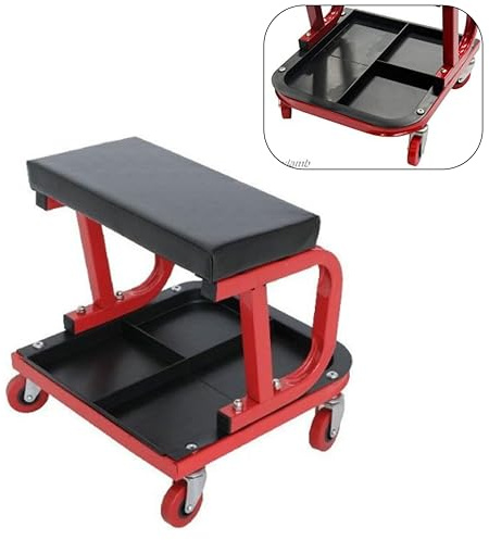 Mechanics Padded Creeper Trolley Seat with Swivel Castors and Tool Tray - Comfortable Garage Workshop Tool Stool for Car Van Maintenance - 150kg Capacity