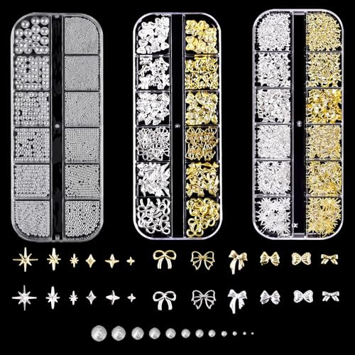 lafo 3 lådor nagelcharmset, 36 typer nageldekoration med guld silver stjärna & rosetter, vit pärla och strass för nagelkonstdesign | nageldesignstillbehör (A)