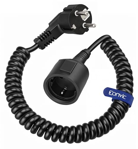 Eonvic Euro Schuko Plug CEE7/7 Male to Schuko Female Extension Coiled Cable Power Supply Cord, 0.6m to 2m.