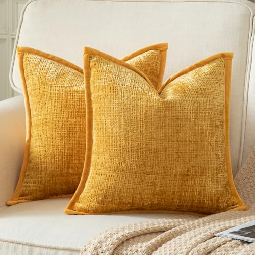 Yaertun 2er Set Kissenbezug Gelb 45x45cm Chenille Kissenbezüge Kissenhülle Dekokissenbezug sofakissen dekokissen deko Samtrückseite für Sofa Schlafzimmer Wohnzimmer Weiche Gemütliche