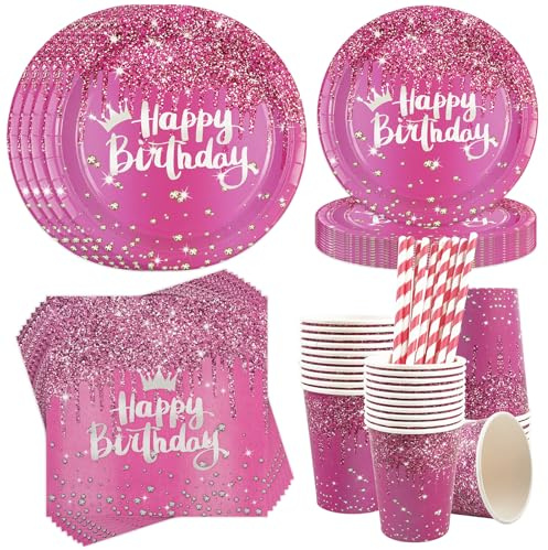 Rosenrotgold Partygeschirr, 50Stück Diamanten 23cm/18cm Pappteller Tassen Servietten Strohhalme Bling Hell Geburtstag Partygeschirr für Happy Birthday Hochzeitsparty Tischdekorationen-10 Gäste