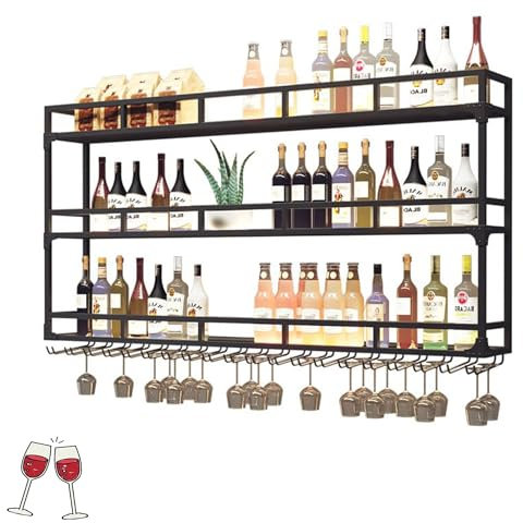 QRBNFRDE Weinregal aus Metall für die Wand, Barregale, Spirituosenregal, Wandmontage mit LED-Licht, hängender Weinglashalter, Regal für Spirituosenflaschen, schwebender Barschrank, Spirituosenflasche