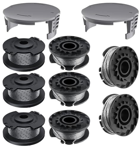 Ersatz Rasentrimmer Spule Ø 1.6mm, 4.9m Länge Trimmer Spule Rasentrimmer, Fadenspule Kompatibel, Faden Ersatzspule Rasentrimmer, Trimmer Ersatzspule, 8 Ersatzspulen, 2 Kappe, für Rasentrimmer