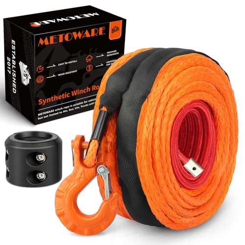 METOWARE Synthetic Winch Rope Cable Kit,3/8 x 100' 26000LBS Winch Line Cable with Protective Sleeve + + Stopper + Forged Winch Hook for 4WD Off Road Vehicle UTV ATV SUV （Orange