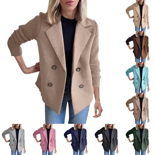 Generisch Cardigan Blazer Femme Blazer Court : Double boutonnage Blazer Court Grandes Tailles Business Bureau Blazer Transition Tricot Fin Manches Longues Manteau Tricoté Veste d'hiver Revers Veste de