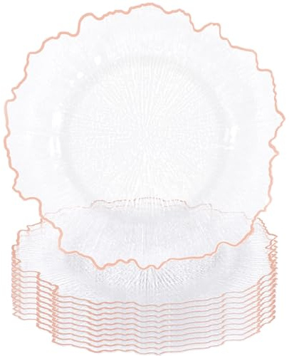 Tomeurperf 10Pcs Clear Charger Plates Bulk Wedding - 13 Premium Plastic Ruffled Rose Gold Rim Chargers with Flora Reef Design，Decorative Dinner Charger Plates for Events & Parties