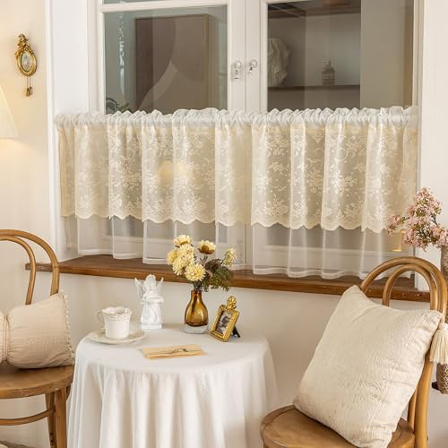 Dreaming Casa Flower Kitchen Curtains 18 Inches Length Valance, 1 Panel Beige Window Treatment for Living Room Bedroom, Rod Pocket Short Sheer Bistro Lace Drapes Each 55W x18L