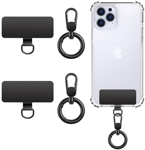 MoKo Heavy Duty Phone Tether Tab ×2, 360° Rotatable Spring O Ring ×2, Metal Ultra-Thin Cellphone Lanyard Pads Cellphone Strap Patches Connector Tether Tabs for Full Phone Case, Black