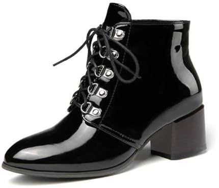 Botines de tacón medio grueso con cordones y puntera redonda para mujer, de charol, para oficina, zapatos de invierno, Black, 40.5 EU