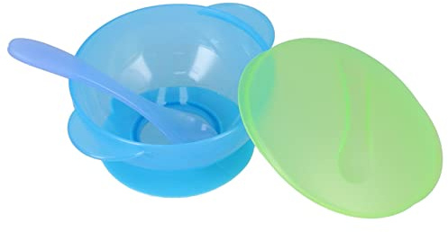 Fdit Ciotola per Alimenti per Bambini con Coperchio e Set di Cucchiai - Ciotole per Bambini Facili da Pulire - Forte Aspirazione per Prevenire Fuoriuscite, Ideale per Neonati e Piccoli (BLUE)
