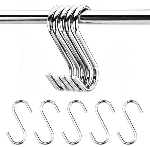 Mistillion 5 Pack S Shaped Hooks, 5cm Heavy Duty Stainless Steel S Hooks, Rustproof Metal Hanging S Hooks for Kitchen Bathroom Closet Garage Office Storage Organization, Silver