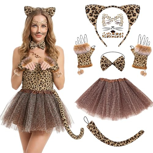 HTTDSLF 7 pezzi Leopardo Costume da Donna, Costume Leopardo, con stampa leopardata, adesivi, fascia per orecchie, coda, cravatta, tatuaggio, Fascia per Capelli et Tutu da Balletto