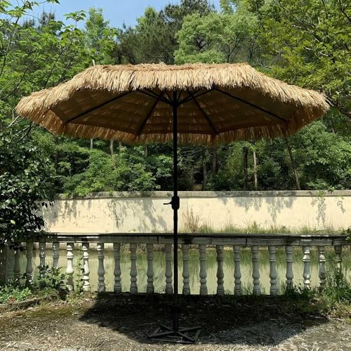 JPQTRYDRIS 2,7 M Sombrillas Terraza De Paja con Manivela, Sombrilla De Jardín De Poliéster Marrón Imitación Paja, Protección Solar/protección contra El Viento, para Patio/Playa/Piscina