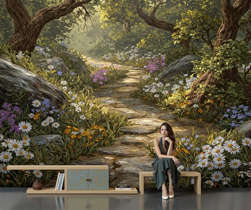 Photo Wallpaper Lush Flowerbeds and Woods 250 X 175 Cm 3D Wall Mural Non-Woven Nature Theme Wall Mural Photo Wallpaper Decoration Poster for Living Room Kids Bedroom, Green