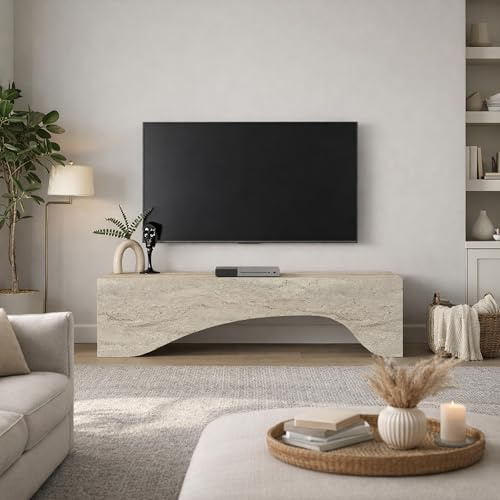 moebel17 TV Lowboard 150 cm Travertin Optik – Modernes Lowboard TV Schrank – TV Board Wohnzimmer – Fernsehtisch Steinoptik – TV Möbel Sideboard Modern – Design Lowboard (Beige Travertin Optik)