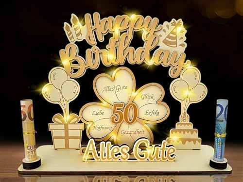XIESUNUN 50 Geburtstag Geldgeschenk für Männer Frauen,3D Kleeblatt Glück Happy Birthday Geldgeschenke Verpackung für 50. Geburtstag,Holz Gästebuch Personalisierbare Tischdeko für Frau Mann