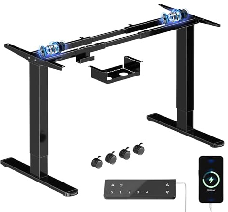 JUMMICO Höhenverstellbarer Schreibtisch Gestell mit 2 Motoren,Schwarz | 130KG Tragkraft,4 Höhenspeicher,Type-C Aufladen und Kabelmanagement & Räder, Elektrisch Tischgestell Höhenverstellbar