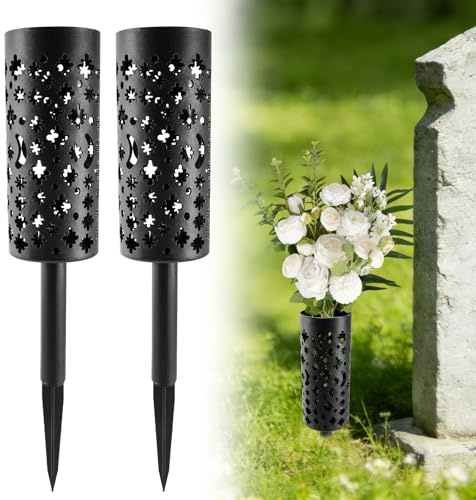 2 Stück Grabvase mit Erdspie, Grabvasen zum Stecken Friedhofsvase Einsatz Grabvase mit Sockel, 22cm Frostsicher Steckvase für Grab, Friedhofsvase Gedenkvasen für Gedenkgeschenke Grabdekoration