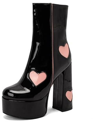Platform Boots Dam, 14.5cm Super Hög Blockklack Platåstövletter med Hjärtmotiv, Lackläder Mid-Calf Gogo Stövlar i Svart, Rosa, Vit