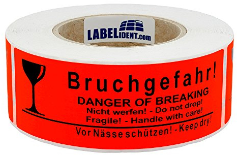 Warnetiketten 150 x 50 mm - Paket Aufkleber Bruchgefahr! Danger of Breaking - Nicht werfen! Do not drop - 500 Versandaufkleber auf 1 Rolle(n), Papier selbstklebend