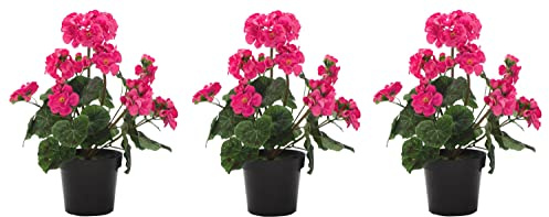 DARO DEKO 3 Stück künstliche Geranie pink 34cm stehend im Topf Kunst-Blume Pelargonie rosa-rot Kunstpflanze UV-beständig Balkon