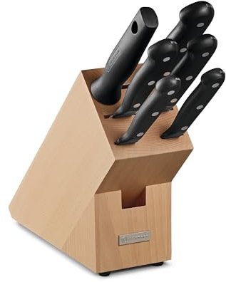 Wüsthof Knivblock 6 delar, gourmet (1095070601), massivt träblock, ljus bok, kökskniv set inklusive 5 köksknivar och 1 vaxstål