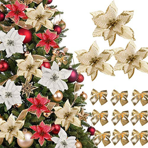(48 Pcs)24 pcs Fiori Artificiali Natale Fiori Finti per Alberi di Natale con Glitter Fiori di Stelle Natale Poinsettia Glitterate Oro 24 Fiocchi Archi di Decoracioni Natale Ornamenti Addobbi Natalizie