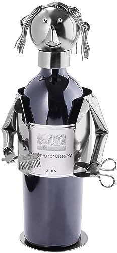 BRUBAKER Weinflaschenhalter Haarstylist - Metall Skulptur Flaschenständer - 20 cm - Wein Geschenk für Friseure und Barbiere - mit Grußkarte