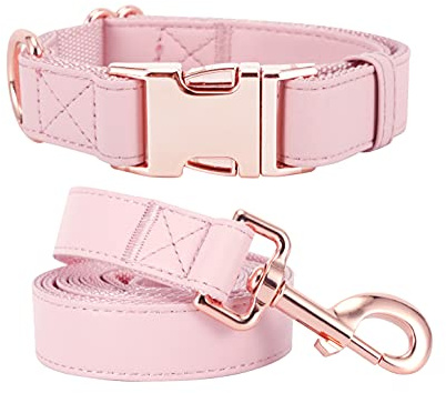 Hundehalsband und Leine. Weiches und leicht zu reinigendes, veganes Leder mit rotgoldener Metallschnalle für kleine, mittelgroße und große Hunde (Rosa, Größe S (31-42,9 cm)