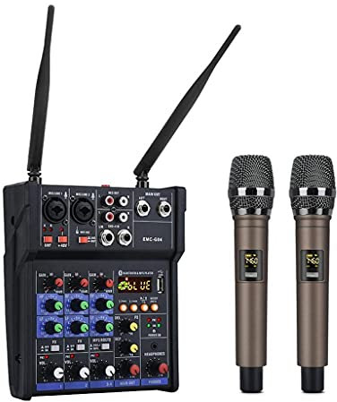 HMTE Consola mezcladora de Audio de 4 Canales con micrófono inalámbrico Mezcla de Sonido con Bluetooth USB Mini DJ Mixer