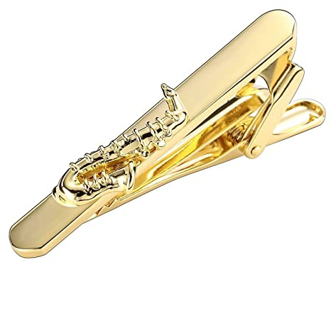 Whoiy Krawattenklammer Gold, Krawattennadel Gravur Edelstahl Saxophon für Männer Smokinghemd Kostenlose Gravur mit Geschenkbox