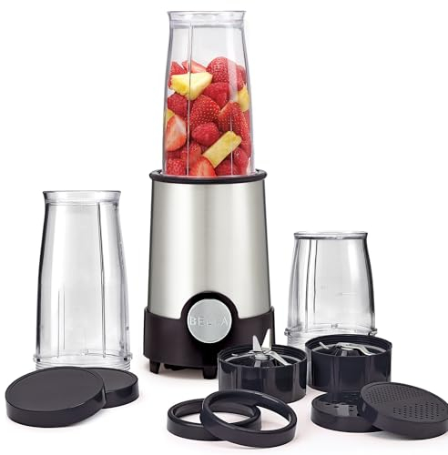 BELLA Personal Size Rocket Blender, Perfect for Smoothies, Shakes and Healthy Drinks, Easy Grinding, Chopping and Food Prep, 285 Watt Power Base, 12 Piece Blending Set, Stainless Steel & Black
